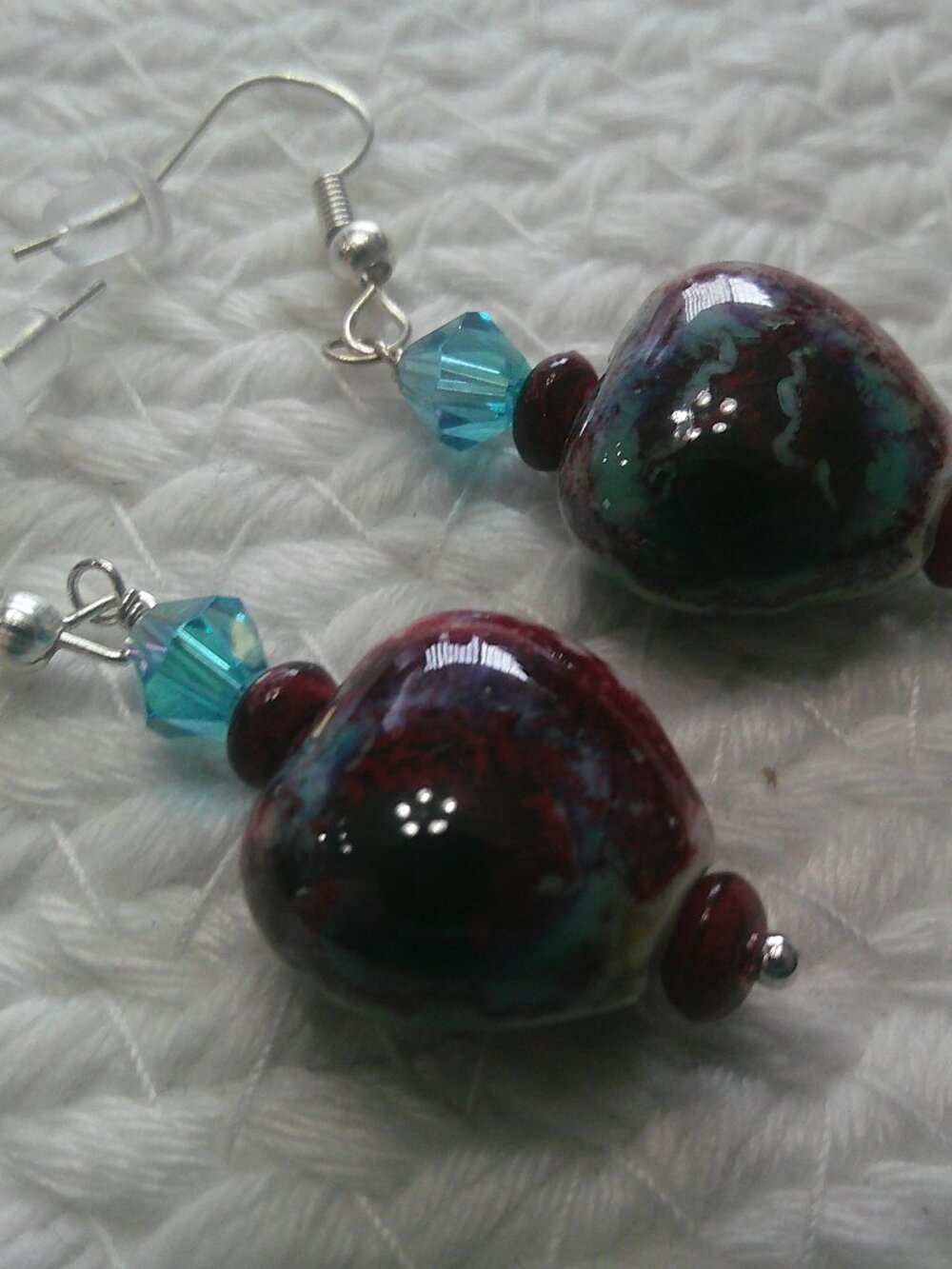 Whimsical PURPLE & TEAL CER5AMIC HEART with CRYSTAL Handmade Silver Earrings